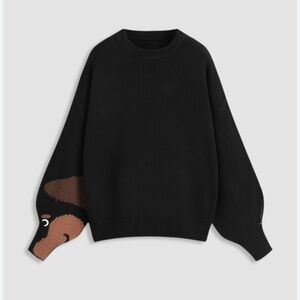 Cider Black Crewneck Sweater with Fun Brown Dog Accent